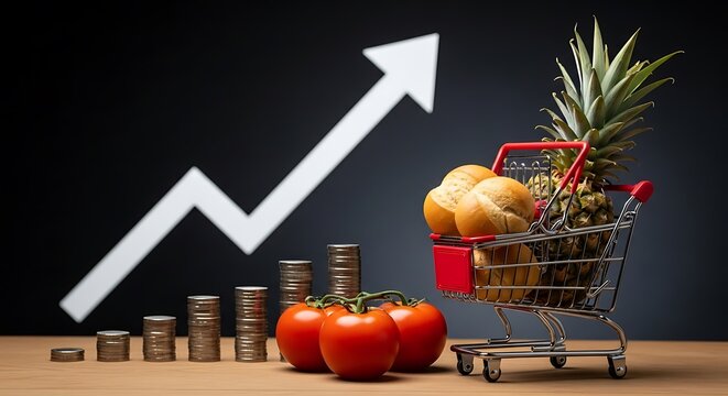Shopping cart with groceries and ascending coin stacks on wooden table