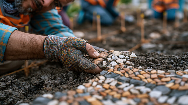 Archaeologist carefully lifts a fragment of Roman mosaic from compacted soil at an active dig site, field crew kneeling around a grid of numbered stakes, terracotta and limestone tesserae glinting i