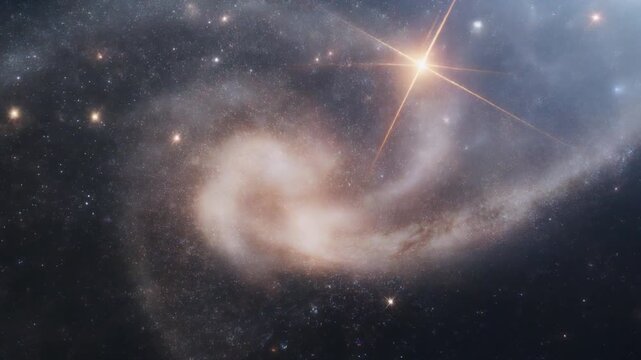無限の空間でダイナミックに回転する煌めく星屑と明るい星の渦巻く銀河