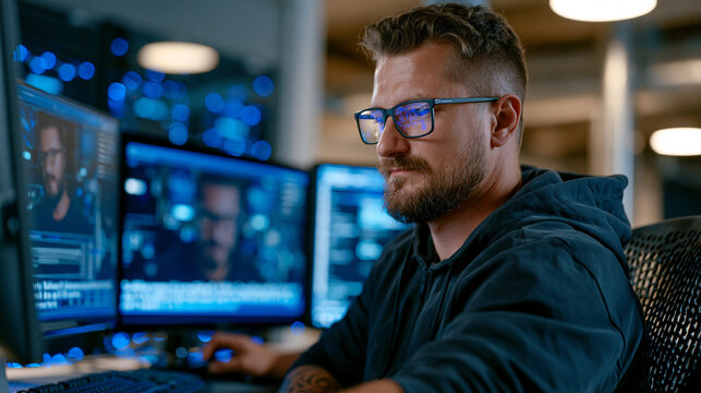 Closed captioning text flowing across bottom of training video paused on monitor, IT administrator adjusting accuracy settings on secondary screen, server-room adjacent office, harsh overhead lighti