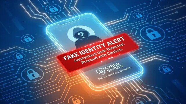 Fake identity alert on smartphone screen with digital security icons, cyber safety concept, anonymous user detection warning, data protection, and online privacy alert for enhanced safety