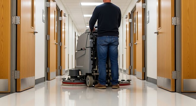 Man operating industrial floor scrubber in white hallway with wooden doors
