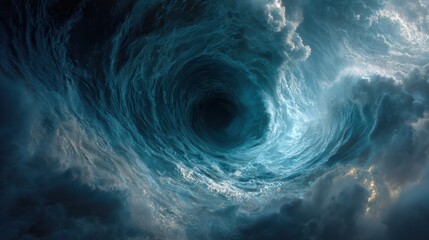 giant swirling ocean vortex forming deep sinkhole in water and rising spiral wave toward sky, epic nature shot, ultra realistic canon camera, 8k
