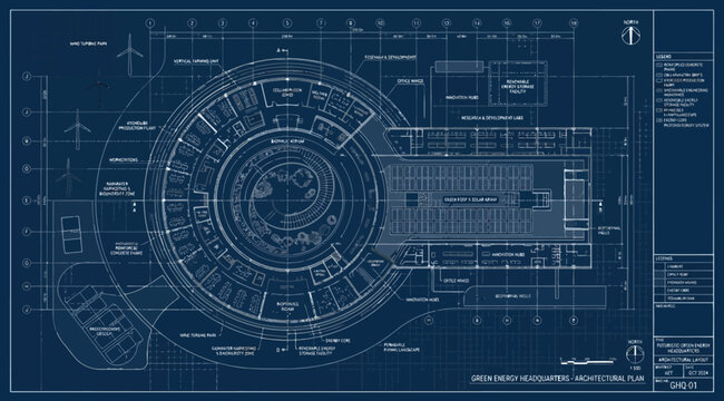 Detailed architectural blueprint of a circular building complex with technical site layout