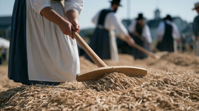 Wide view of a September harvest festival at an Amish farm in Lancaster County, families in plain dress working side by side to thresh wheat using traditional tools, the communal