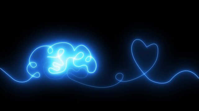 Glowing blue neon Brain with heart inside. One line drawing. symbolizing balance of mind and feelings, psychology, emotional intelligence, love, mental health, connection of logic and emotion