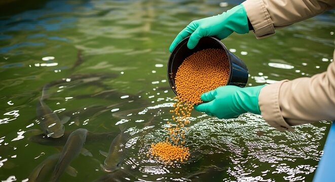 Hands in green gloves pouring orange fish feed pellets into water with fish