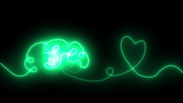 Glowing green neon Brain with heart inside. One line drawing. symbolizing balance of mind and feelings, psychology, emotional intelligence, love, mental health, connection of logic and emotion