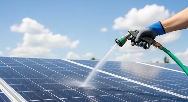 Person using garden hose to clean blue solar panels outdoors in daylight