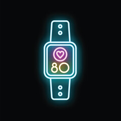 Smartwatch icon displaying heart rate in vibrant glowing neon colors © anatolir