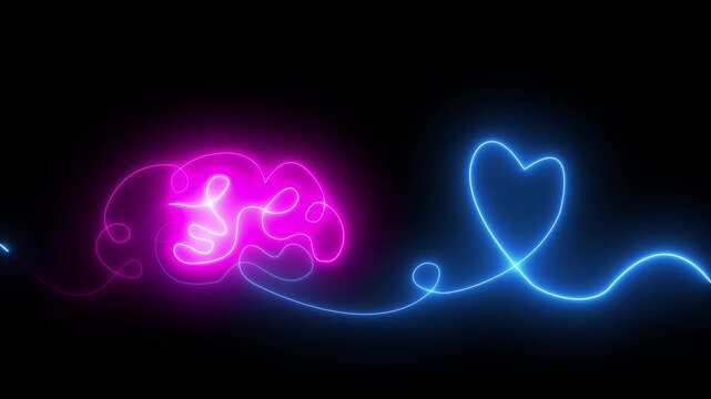 Glowing red neon Brain with heart inside. One line drawing. symbolizing balance of mind and feelings, psychology, emotional intelligence, love, mental health, connection of logic and emotion