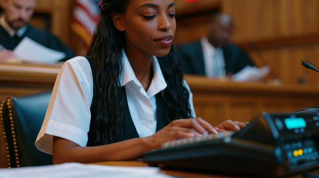 Court stenographer at a busy county courthouse positions her steno machine with practiced precision, fingers hovering mid-session over the keys while a judge consults papers above, legal profession 