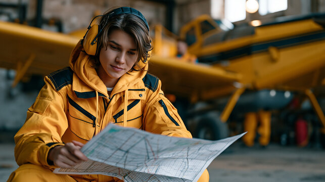 Crop duster pilot in a dusty airstrip hangar reviews a grid map beside a low-wing agricultural aircraft, fuel crew preparing the hopper tanks, precision farming and aerial application logistics for 