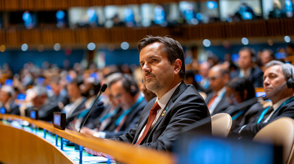 Delegates in formal business attire seated at curved numbered nameplates inside a vast United Nations assembly hall, simultaneous interpreters visible behind glass panels along the perimeter wall .u