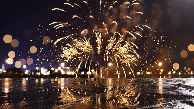 Fireworks explode in brilliant golden patterns above a wet, reflective urban plaza during a nighttime celebration.