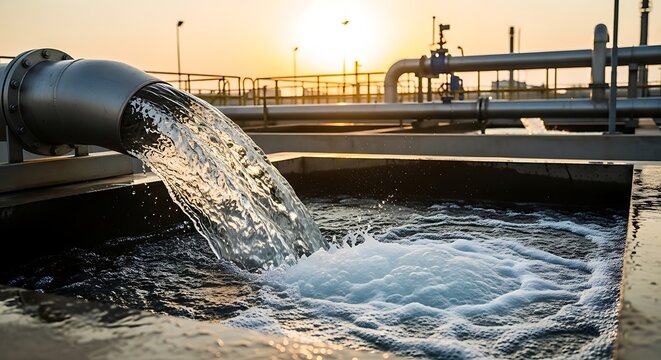 Water flowing into industrial wastewater treatment tank at sunset