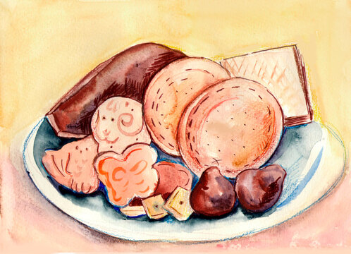 Watercolour illustration with cookies snd chocolate