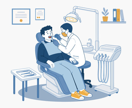Dentist performing dental examination or treatment on male patient in dental chair