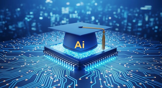 Blue graduation cap on illuminated microchip with circuit board background