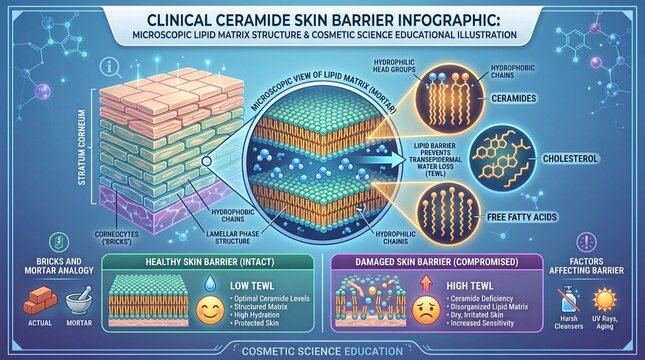 Microscopic lipid matrix structure ceramide cholesterol free fatty acid healthy skin barrier damaged skin barrier hydration cosmetic science educational infographic dermatology