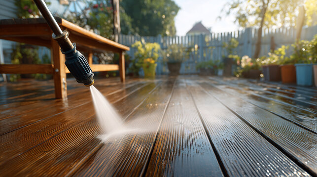 pressure washing wooden deck with high pressure water jet for outdoor cleaning and home maintenance concept copy space