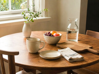 Fototapeta premium Rustic Kitchen Table Still Life with Coffee Mug Fruit Bowl and Water Carafe