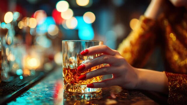 woman sits at the bar with a glass of whiskey in her hand animation
