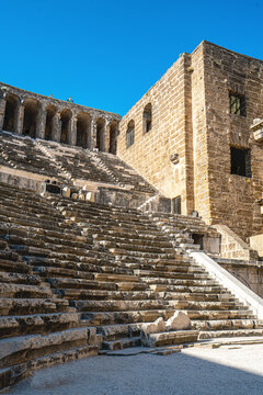Interior wide-angle view of the well-preserved ancient Roman Theater of Aspendos in Antalya, Turkey.