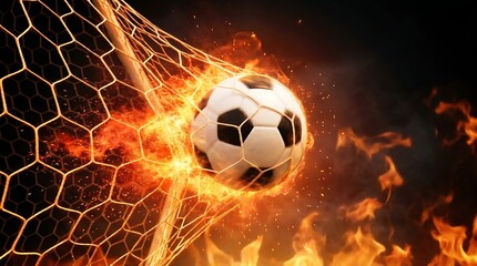 Fototapeta premium Soccer ball on fire hitting the back of the goal net during a match with football, competition