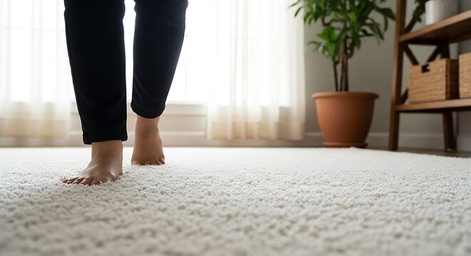 Bare feet walking on light beige carpet in indoor setting