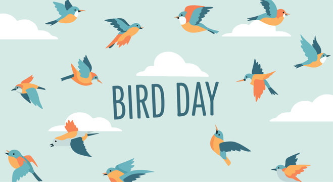 A colorful illustration of birds flying around clouds on Bird Day
