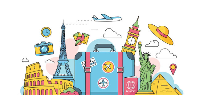 Colorful travel illustration with landmarks and suitcase