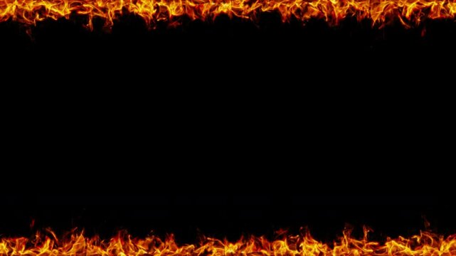 Realistic fire flame frame animation with top and bottom borders, cinematic blazing elements on transparent background 4K
