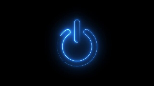 A neon blue power button symbol glowing against a dark black background in simple graphic style. Neon power button icon. Computer generated 3d render