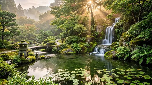 Lush Japanese garden at early morning with a gentle waterfall into a green pond, mossy stones, lily pads and warm god-rays through drifting mist &mdash; seamless looping zen nature background