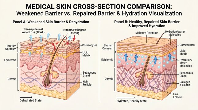 Weakened skin barrier, dehydration, irritants, pathogens, and water loss are shown left panel, while right panel displays healthy, hydrated skin with repaired barrier and improved moisture