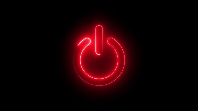 A neon blue power button symbol glowing against a dark black background in simple graphic style. Neon power button icon. Computer generated 3d render