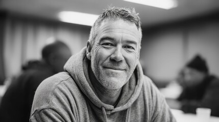Obraz premium Mature man with graying hair and beard smiles warmly in a casual hoodie, black and white portrait