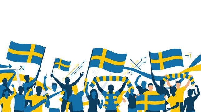 Crowd of swedish football fans cheering with flags and scarves, celebrating a sports victory, vector illustration
