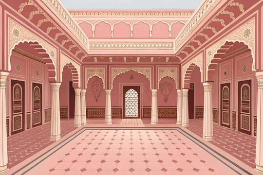 Modern vector illustration of a traditional Indian haveli interior with open archways  ornamental columns  detailed border engravings  patterned ceramic floor  soft dusty pink palette  symmetrical lay