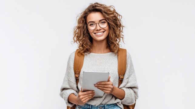 Young woman with curly hair and glasses holding a tablet and wearing a backpack
