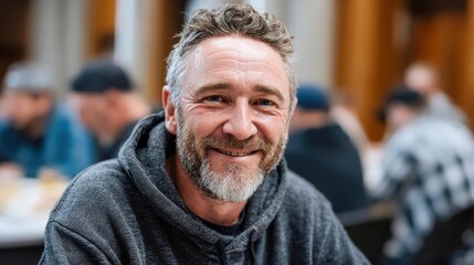 Obraz premium Smiling middle-aged man with graying hair and beard wearing a hoodie indoors