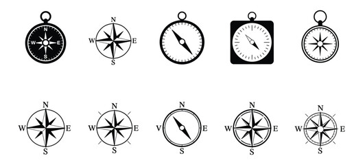 Compass icons and wind rose silhouettes in vector set showcasing navigation, direction, exploration, travel guidance, and geographic orientation themes. © ARIF AHMED 02