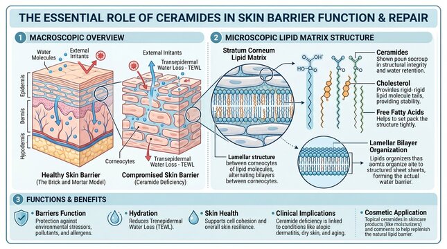 Ceramide, cholesterol, and fatty acid molecules form stratum corneum lipid matrix, supporting skin barrier function, hydration, and repair, preventing water loss and irritation