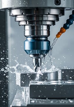 Close up of milling machine cutting metal with coolant spray