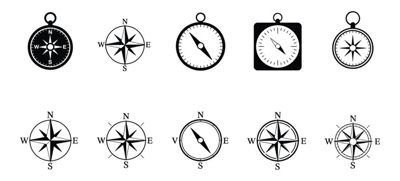 Compass icons and wind rose silhouettes in vector set showcasing navigation, direction, exploration, travel guidance, and geographic orientation themes.