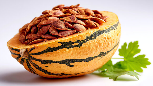 Halved winter squash filled with roasted seeds on white studio surface, vegetable