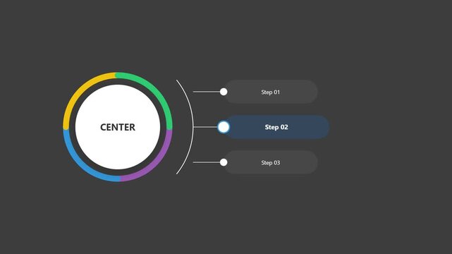Animated circular infographic process diagram with three steps and progress indicator animation