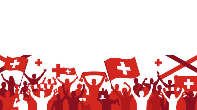 Swiss fans and supporters cheering with flags and scarves, celebrating national pride and unity a vibrant crowd silhouette for sports events or national holidays