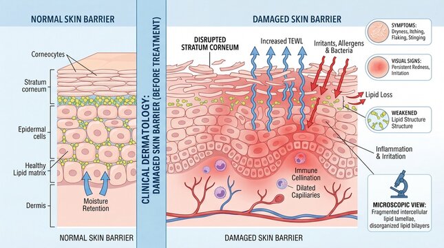 Normal skin barrier, healthy lipid matrix, and hydrated epidermis contrast with damaged skin barrier showing disrupted stratum corneum, increased transepidermal water loss, lipid loss